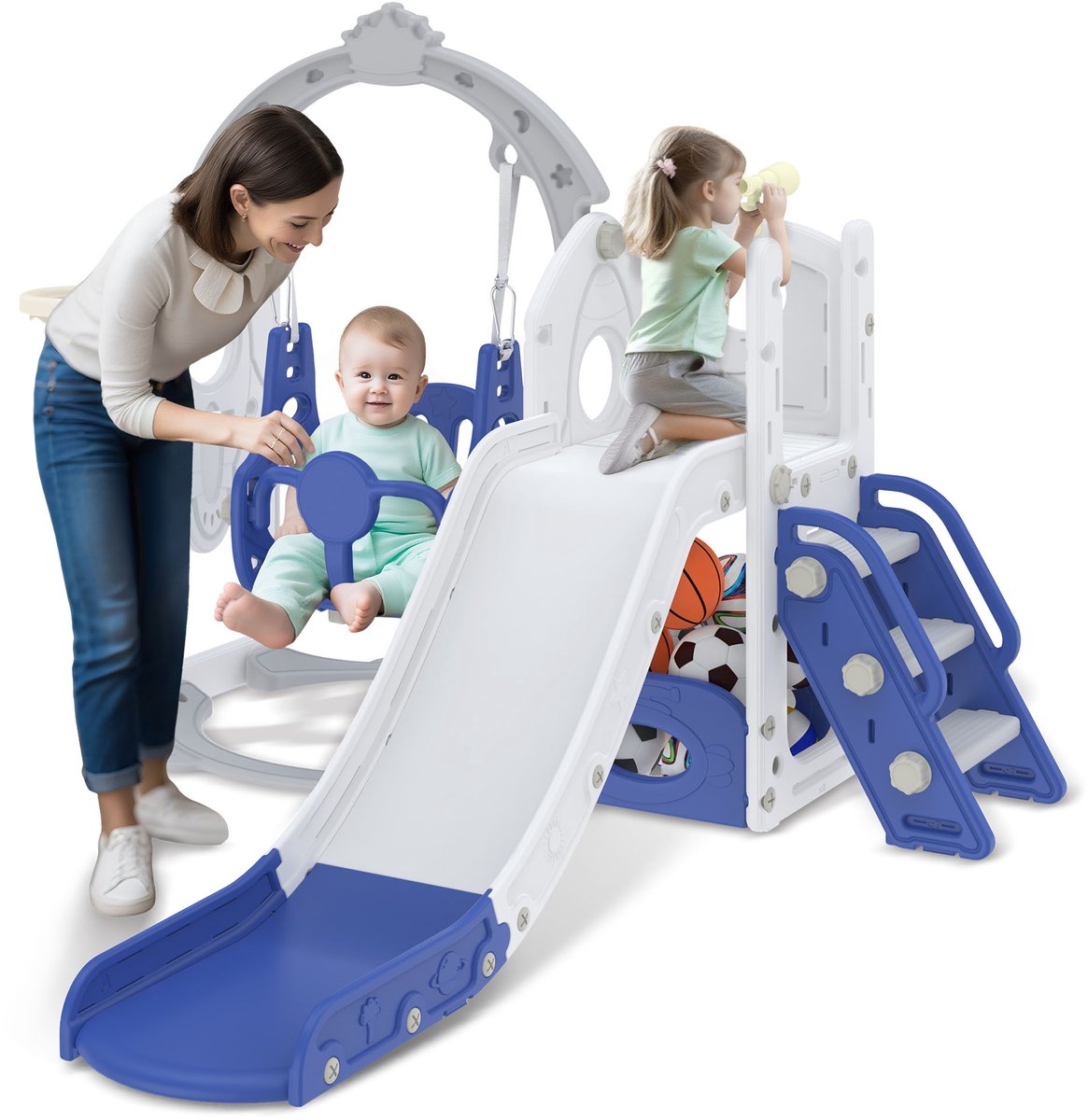 Vrijstaande 6-in-1 kinderspeelglijbaan met klimwanden, schommel, speeltoren, zandbak, telescoop en basketbalring, modulair kunststof klimrek voor binnen en buiten NAIZY