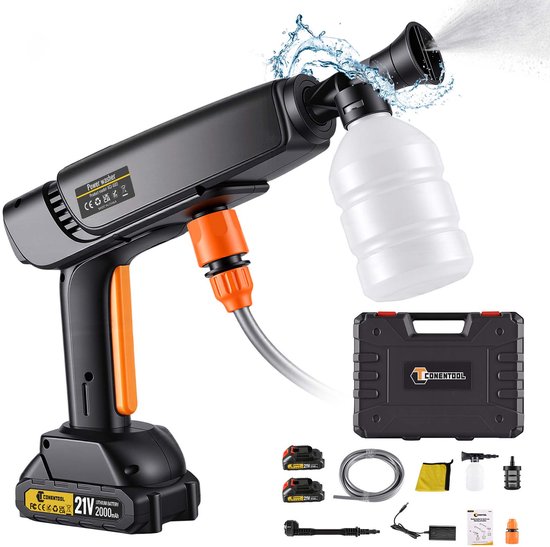 CONENTOOL Accu Hogedrukreiniger - Draadloze Hogedrukspuit Auto Wasmachine Set - Complete Accessoires Inclusief 2x Accu