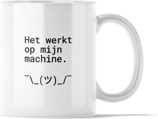 Grappige Mok IT & Developers - "Het werkt op mijn machine" - Hilarisch Cadeau voor Programmeur - Computer Coding Humor - Shrug Emoji - Origineel Verjaardagscadeau ICT - Cadeautip voor de Coder die geen bugs heeft - Kantoor Quote Mok met Tekst