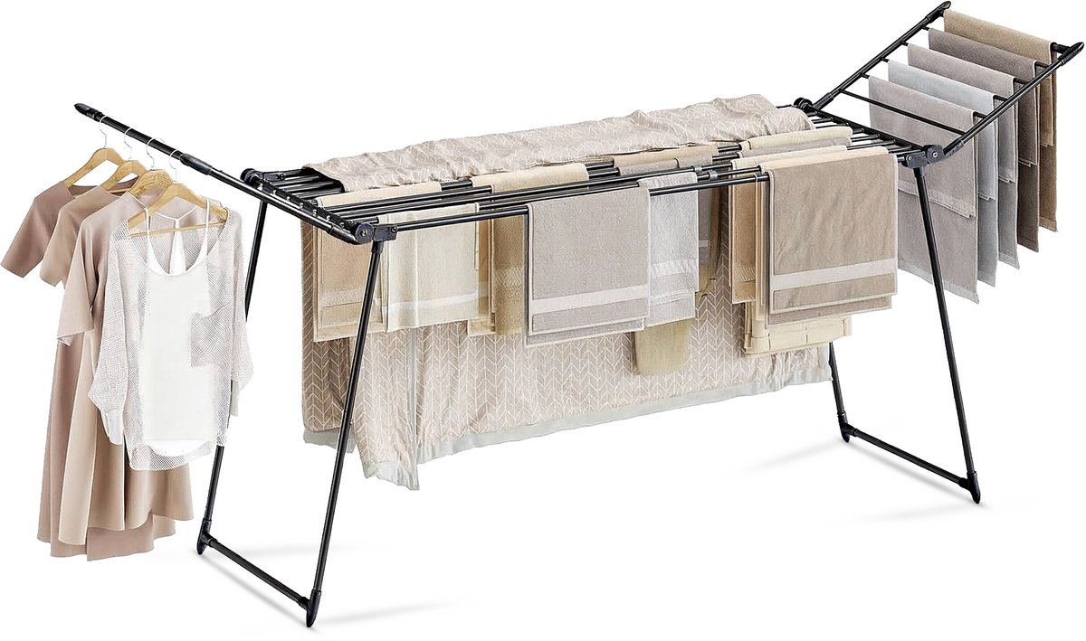 Meisterhome® – Uitschuifbaar Zwart Wasrek - Droogrek – Extra Groot & Inklapbaar Droogrek – 25 m Drooglengte – Stevig Carbonstaal – Tot 30 kg Wasgoed