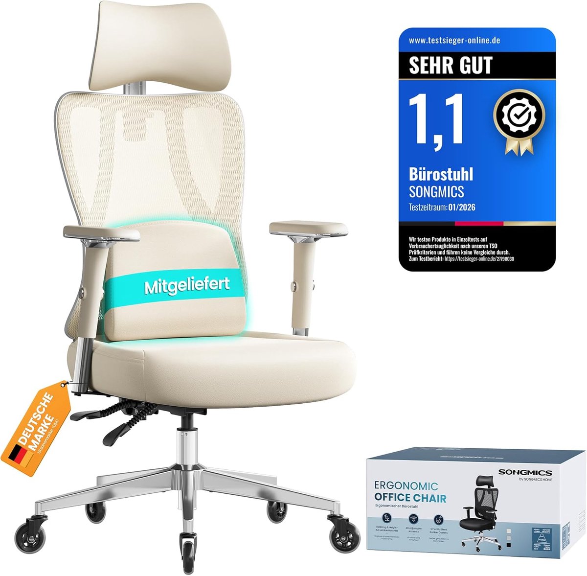 SONGMICS - Ergonomische bureaustoel - gamingstoel premium bureaustoel - verstelbare lendensteun en hoofdsteun - voor verschillende lengtes - tot 150 kg - beige / offwhite