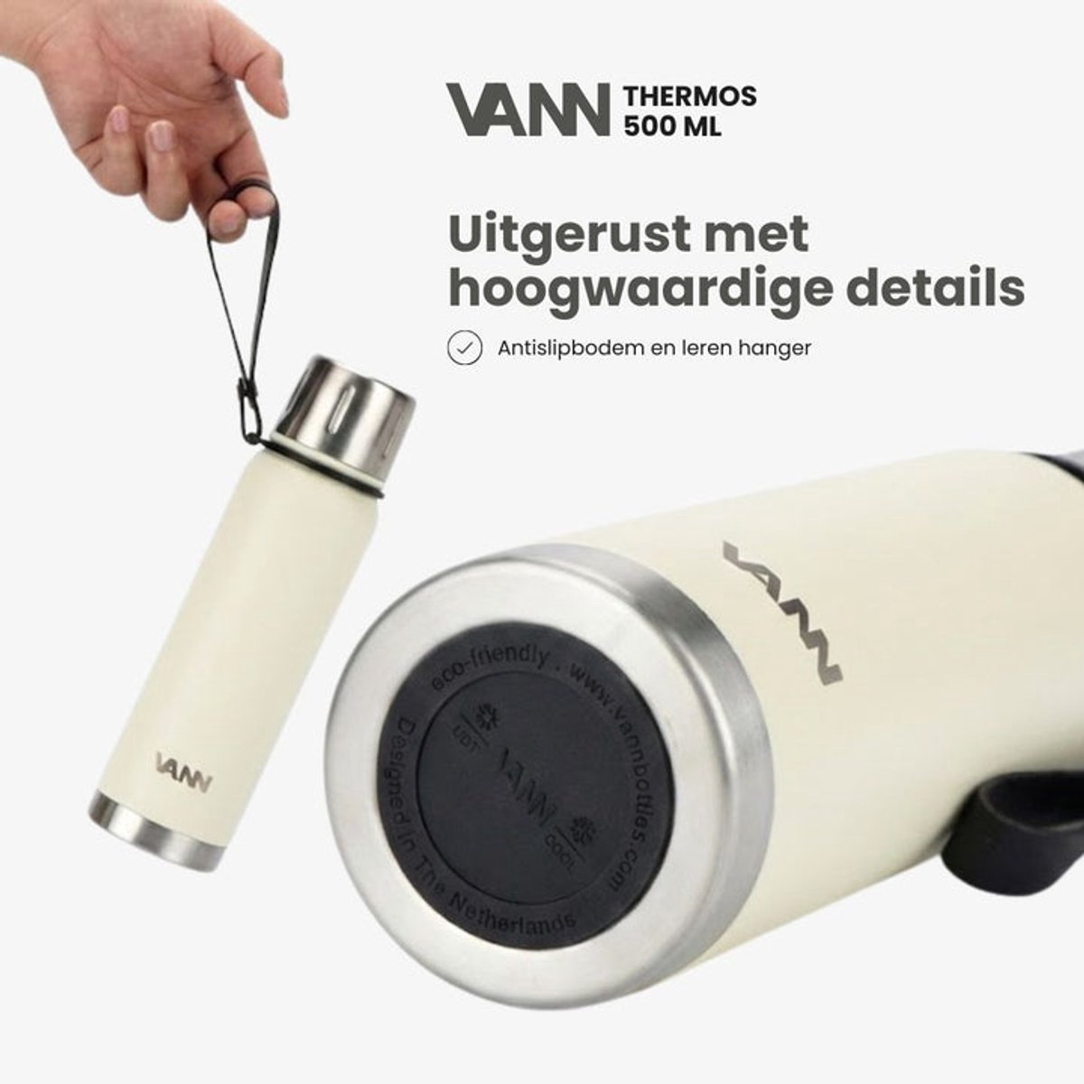 VANN® Kleine Thermoskan 500 ML – 3-Wandige RVS Thermosfles voor Koffie & Thee – 2-in-1 Dop als Beker – 100% Plasticvrij – Off-white – VANN Ritual Thermos® — cadeau in Koken & Dineren - foto 4