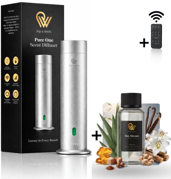 Pip & Wells® Pure One – Aroma Diffuser – Waterloze Geurverspreider – Etherische Olie – Day Dream 120 ml – Mat Zilver – Inclusief Afstandsbediening & Oplader