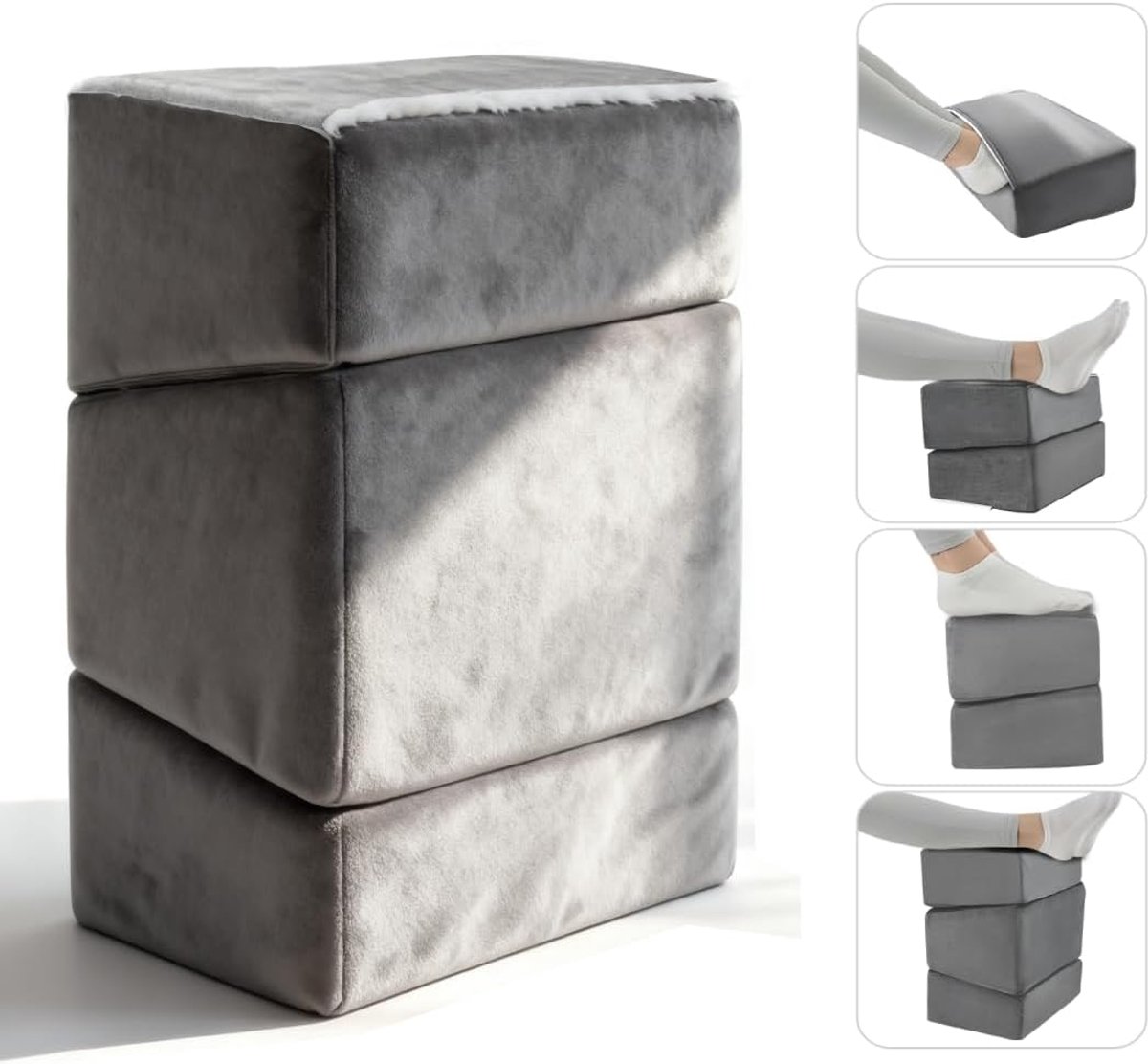 Famanu Voetsteun, bureau, voetensteun, drieptafel met een wollen bekleding, 30D-schuim voetenbank, 3 hoogtes verstelbaar, voetensteun, bureau, warme voettas voor rug, heupen, benen Grijs