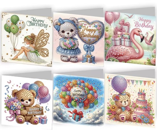 Diamond Painting verjaardagskaarten - Set van 6 stuks (Partial met