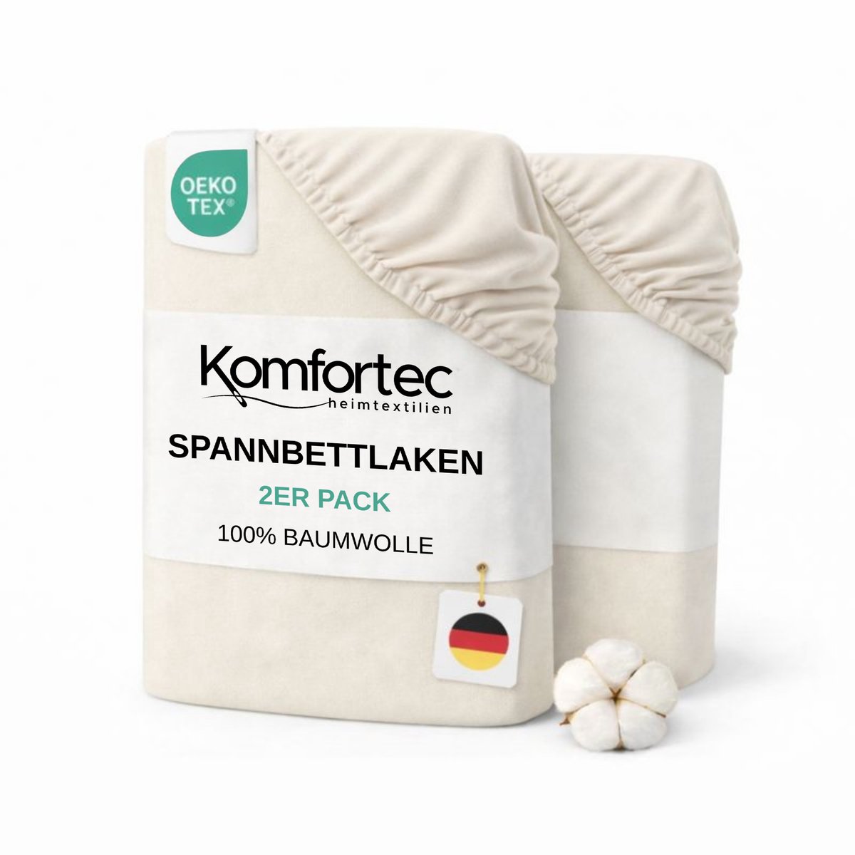 Komfortec Jersey Stretch 2-delige Hoeslaken Set 140x200 cm, Dubbelpak, 23 cm Matrasdikte, Rondom Elastiek, 100% Katoen, Creme