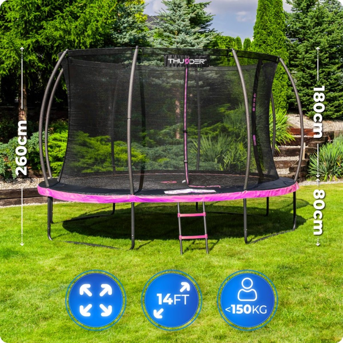 Thunder Trampoline 427 cm – Ronde Tuintrampoline – Max. 150 kg – Met Ladder – Roze — afbeelding 12