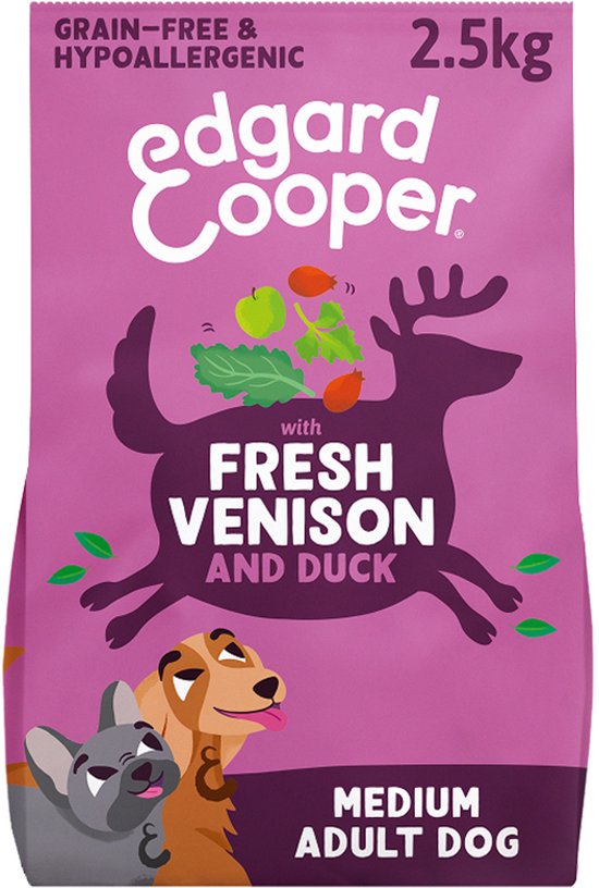 Paarse zak hondenvoer 2.5kg. Met edgard cooper logo. Met afbeelding van een hert en de tekst 'Fresh Venison and Duck'.