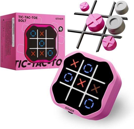 Het roze en zwarte Giiker Tic Tac Toe Bolt-spel met doos en handleiding.