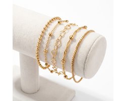 Set van 5 goudkleurige armbanden voor dames – fijne schakelarmbanden met hartjes, bolletjes en gedraaid design – minimalistische dames armbandenset