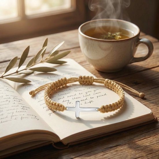 Beige gevlochten armband met zilverkleurig kruis op een open boek, met kopje thee.