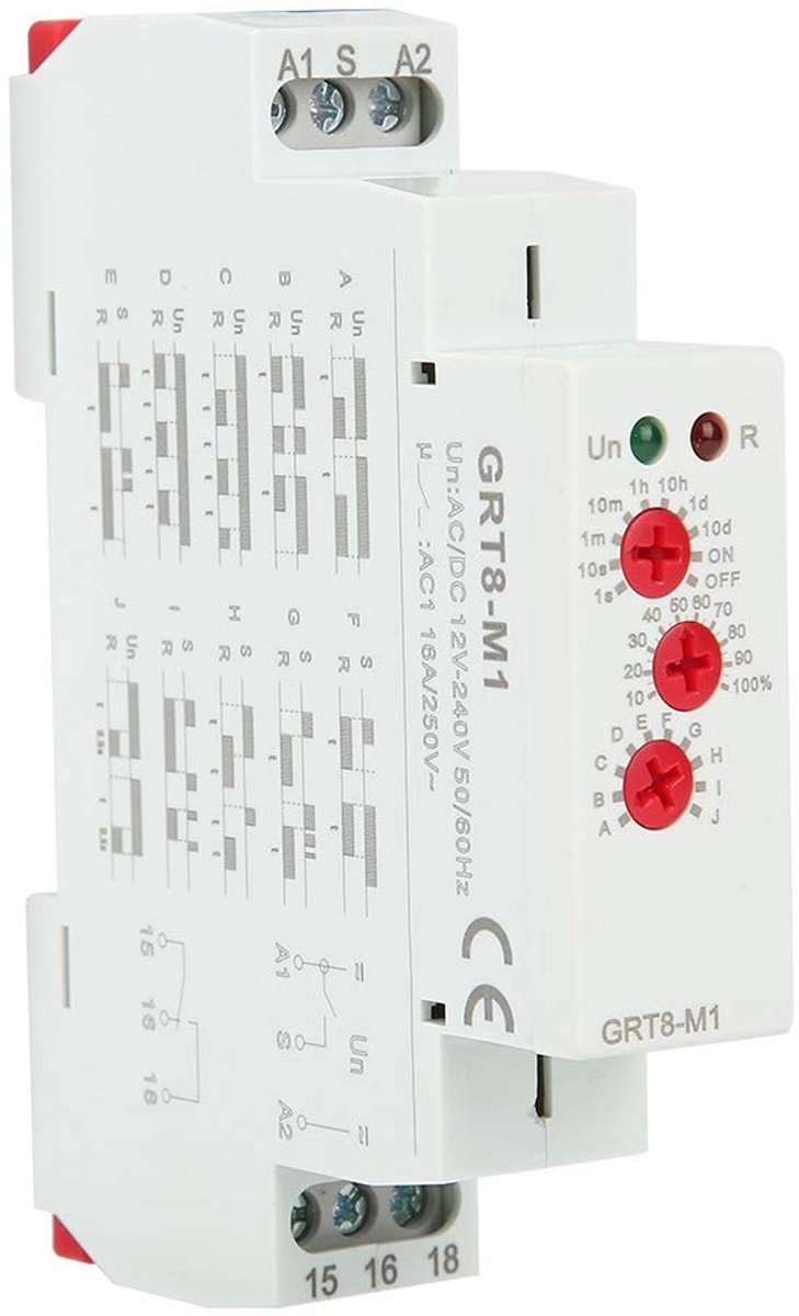 GRT8-M1 Tijdrelais - 12 V Tijdschakelaar​ - 10 functies voor het regelen van de verlichting van industriële apparatuur - Mini Timer Relais - DIN rail type - installatieautomaat - AC/DC 12 V 240 V