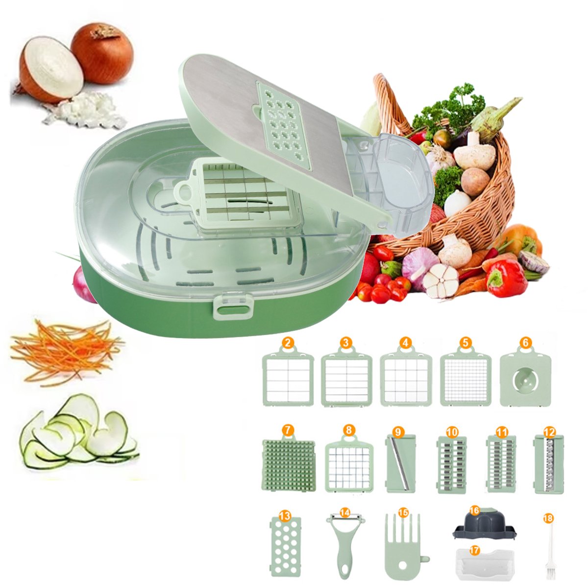 CHIWIN Mandoline Groentesnijder Handmatig - 20-delige Set Keukensnijder - Uiensnijder - Kaasrasp - Wortelrasp - Raspmolen - Innovatief Ovaal Ontwerp - Veilig ABS & RVS - Makkelijk Schoon te Maken - voor Snijden, Blokjes en Raspen