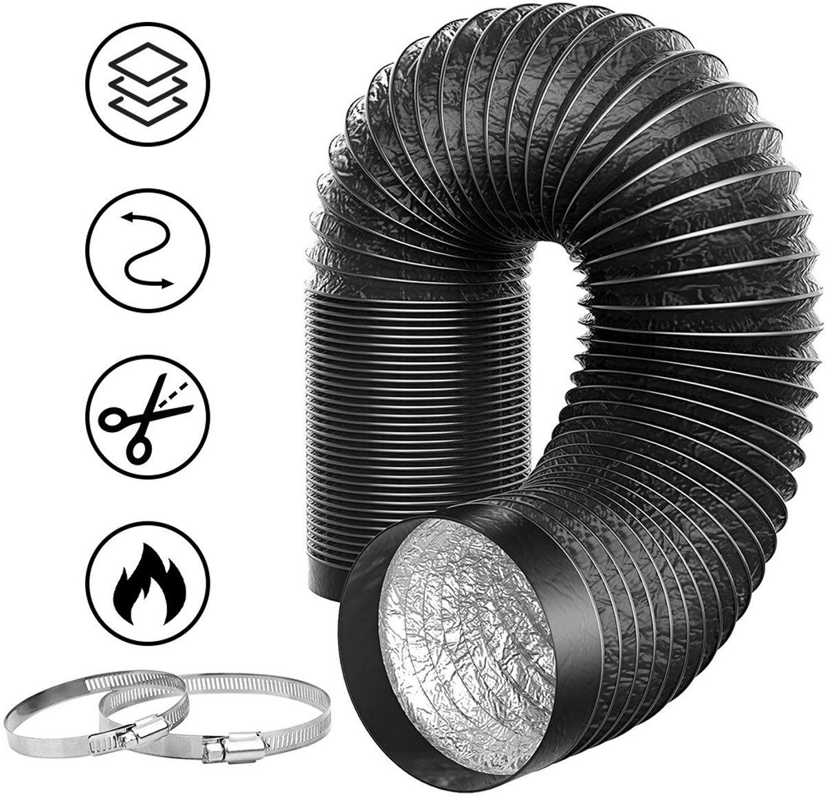 100mm Aluminium Luchtafvoerslang - 2,5 Meter - Flexibel - Luchtafvoer Afzuigkap Slang, Wasdroger, Droger, Airco Afvoerslang - Luchtslang, Flexibele Buis, Ventilatiebuis, Ventilatieslang