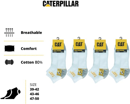 Vier witte "CAT" werksokken, met "Work Sneakers" label, maten 39-42 tot 47-50, ademend, comfortabel, 80% katoen.