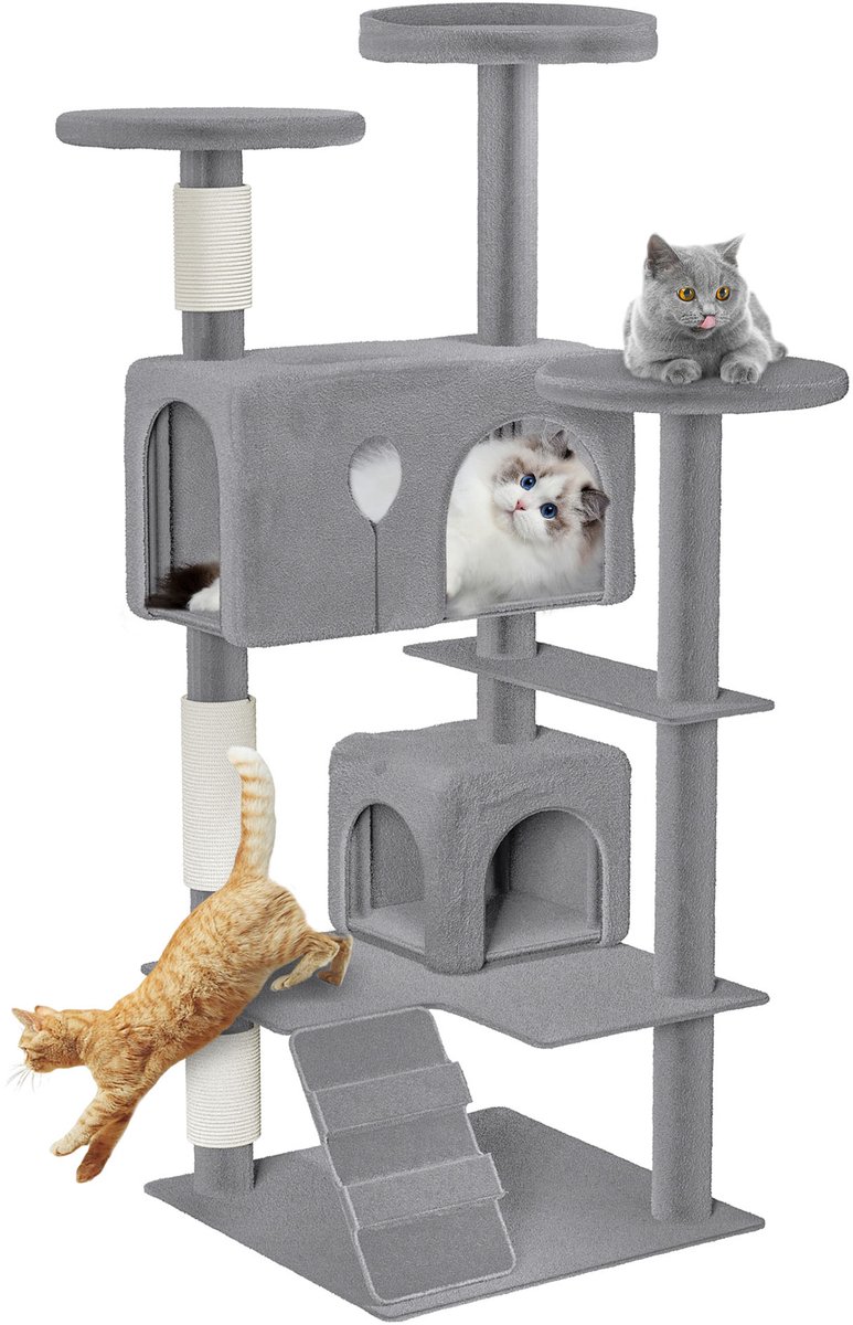 ACXIN Krabpaal 130 cm - met Kattenhuis en Sisalpalen, Lichtgrijs