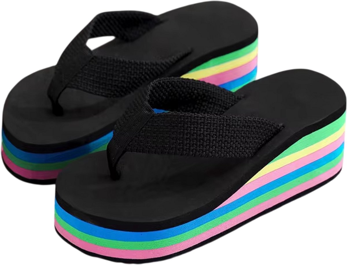 Dames Platform Slippers Regenboog – Zomer Wedge Sandalen met Dikke Zool – Lichtgewicht Slip-On Strand Slippers - Zwart - Maat 38
