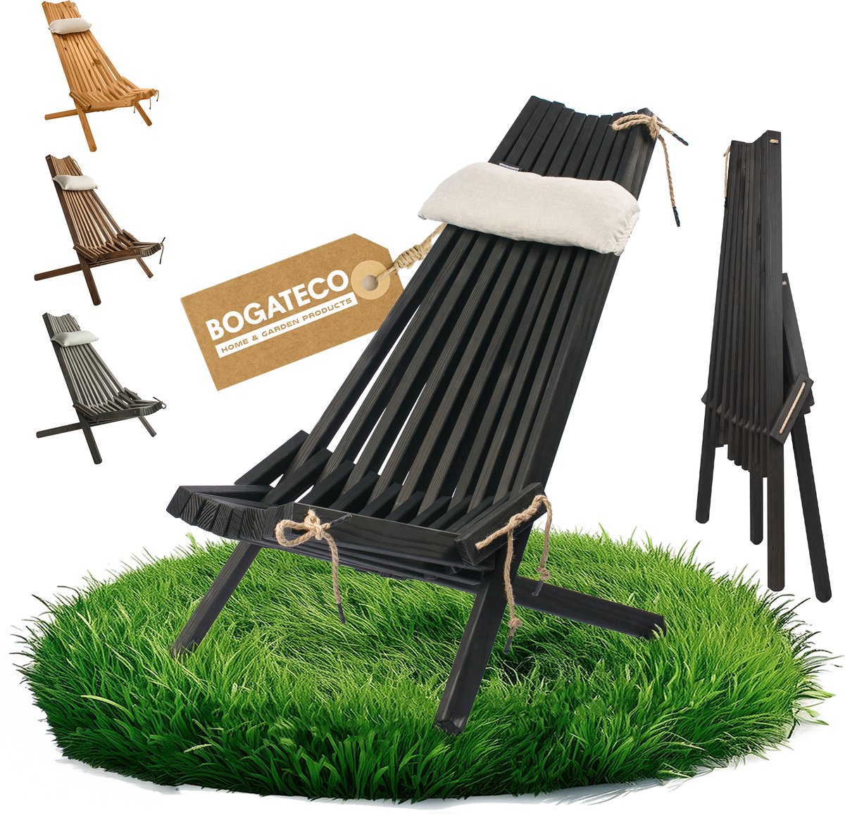 BOGATECO Opvouwbare Houten Tuinstoel met Kussen - Ligstoel 100 x 55 x 30 cm - Ruglengte 90 cm - Flexibel Ergonomisch Design - Keuze uit 4 Kleuren