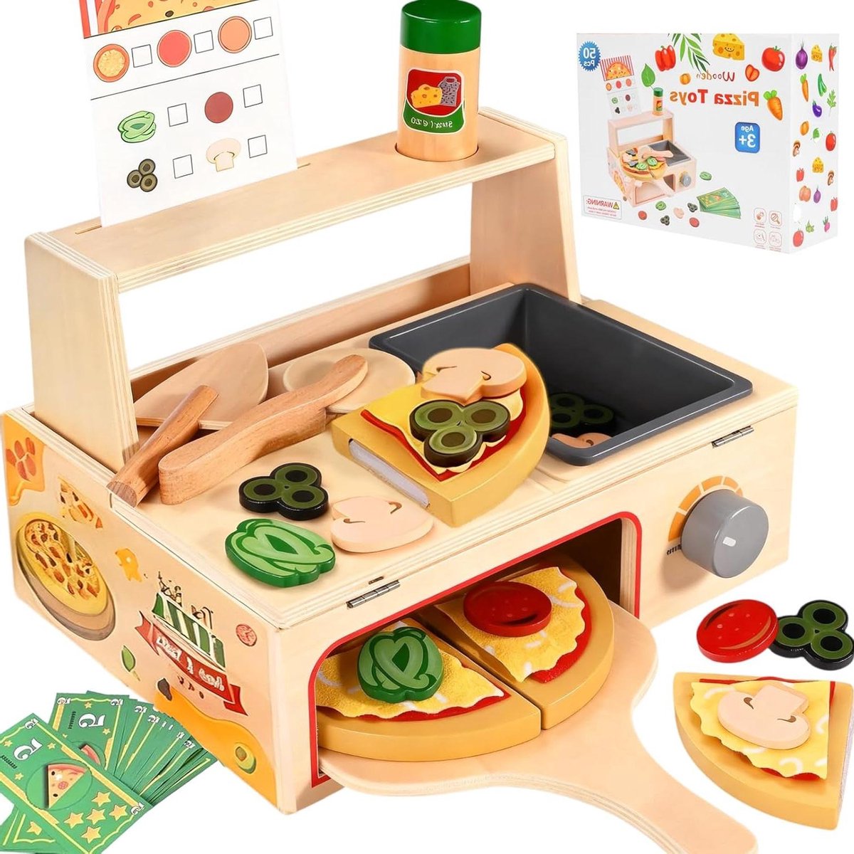 Houten speelgoed pizza oven set met pizzasnijder en keukenaccessoires - 50 delig