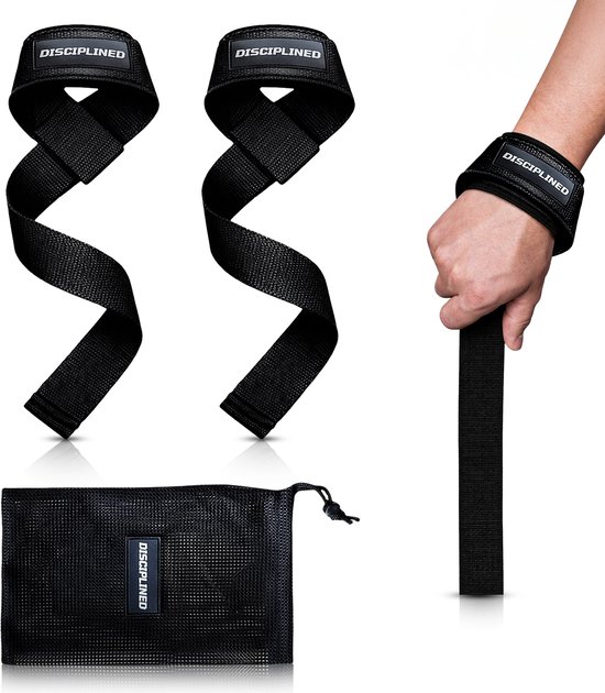 Twee zwarte lifting straps met 'DISCIPLINED' logo, opbergtasje en een hand die een strap draagt.