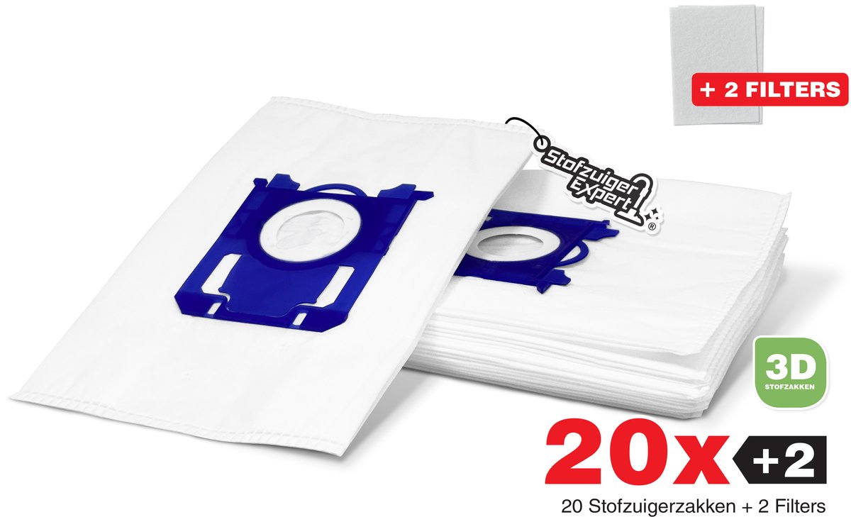 20x S-Bag 3D Stofzuigerzakken geschikt voor Philips, AEG, Electrolux - 20 stofzakken + 2 Filters - A-Kwaliteit Alternatief Microvezel Zakken