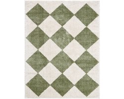 SURYA Deline vloerkleed wasbaar hoogpolig shaggy ruitpatroon groen lichtbeige