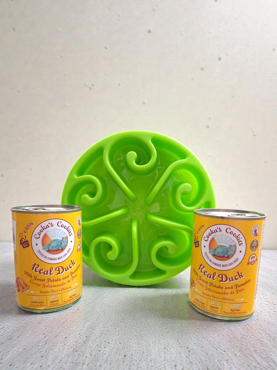Eat Slow Live Longer Anti-Schrokbak Groen S + 2x Cooka’s Cookies Real Duck Natvoer – Graanvrij Eend & Pompoen – Pakket voor Gevoelige Honden