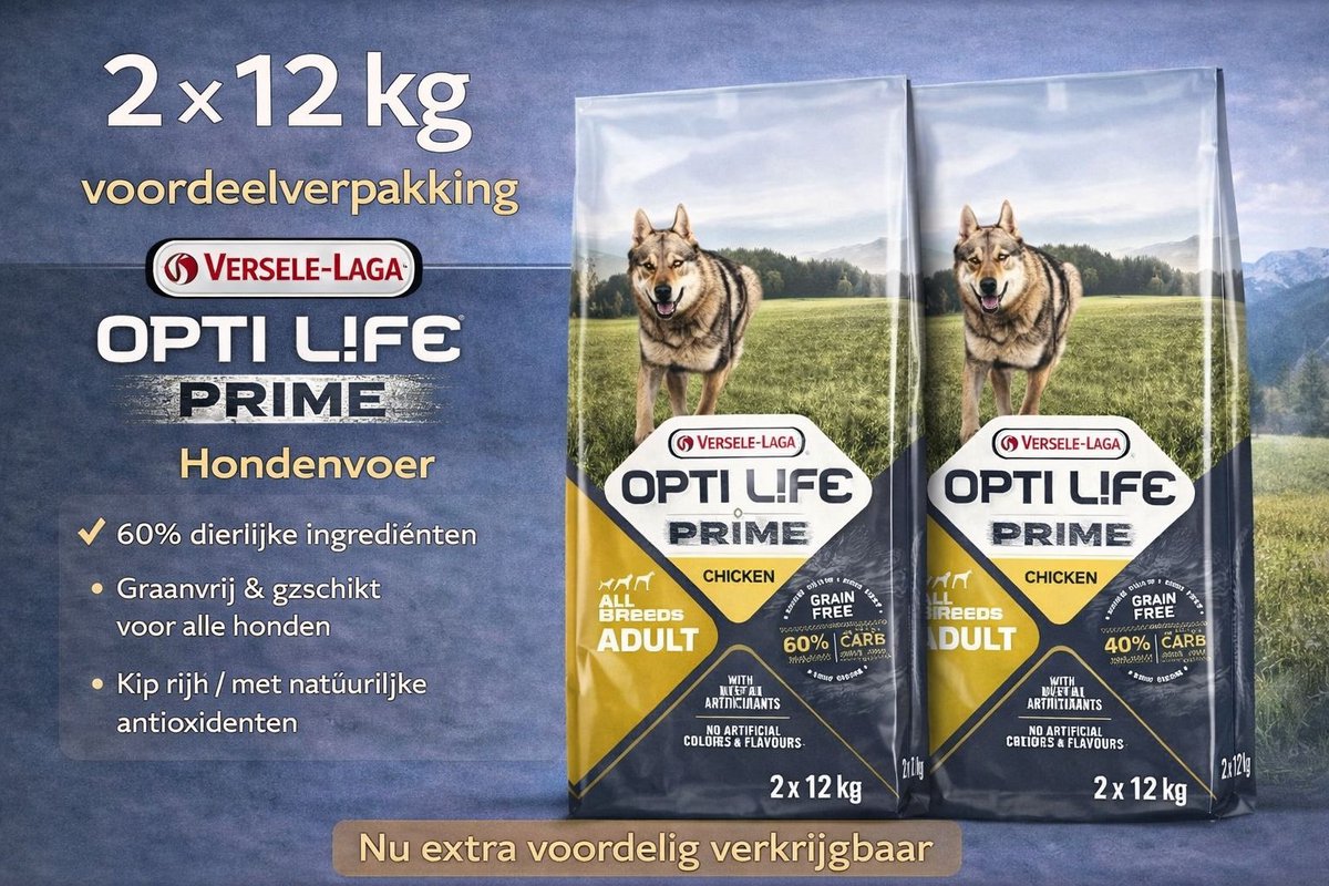 Opti Life Opti Life Prime Adult All Breeds Kip - Hondenvoer - 2x 12.5 kg Voordeelverpakking Graanvrij