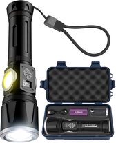 Zwarte zaklamp met COB-verlichting, een polsband en een opbergkoffer met accessoires.