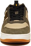 Voorkant van een PME Legend sneaker in beige, groen en bruin suède, met zwarte veters.