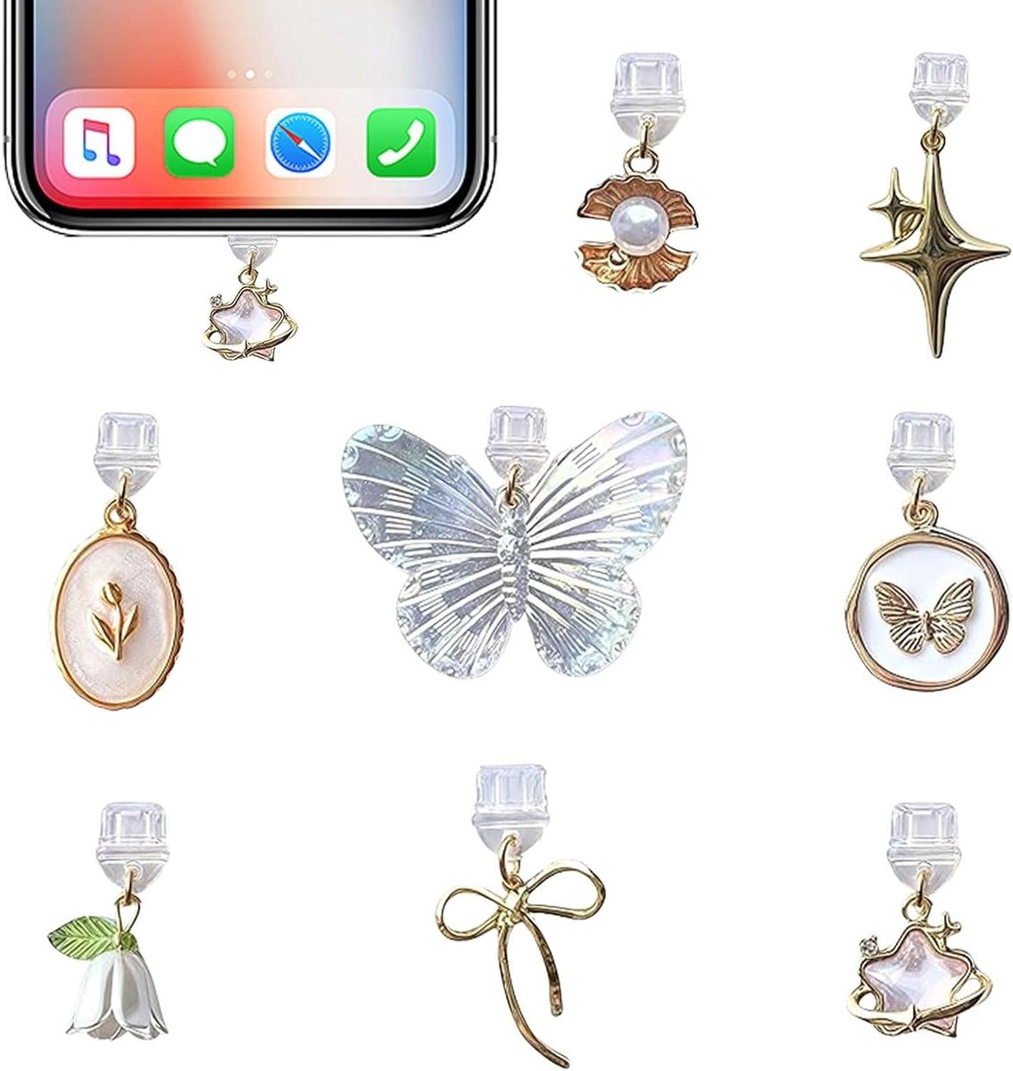 8-pack Stofbescherming Plugs voor Telefoon en Tablet, Compatibel met Type-C, Elegant Cadeau met Vlinder-strik-bloemen Ontwerp