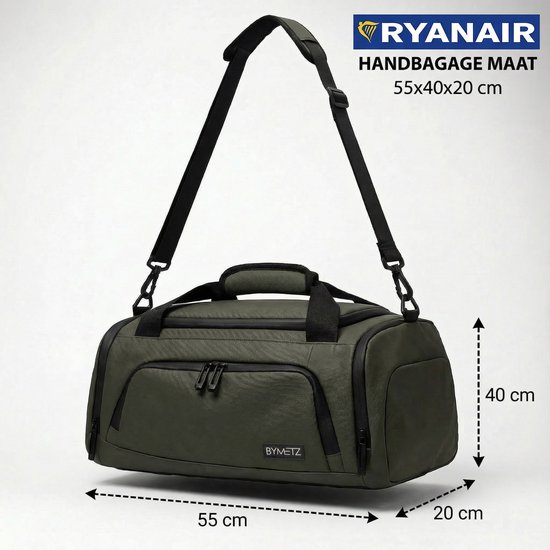 Sac de voyage / Sac à dos 55 x 40 x 25 cm - Transavia - Capacité maximale 55 x 40 x 25 cm - 3 façons de le porter - Sac à dos réglable et bandoulière amovible - Matière imperméable - Sac d'embarquement ByMetz® Premium 3-WAY - Olive