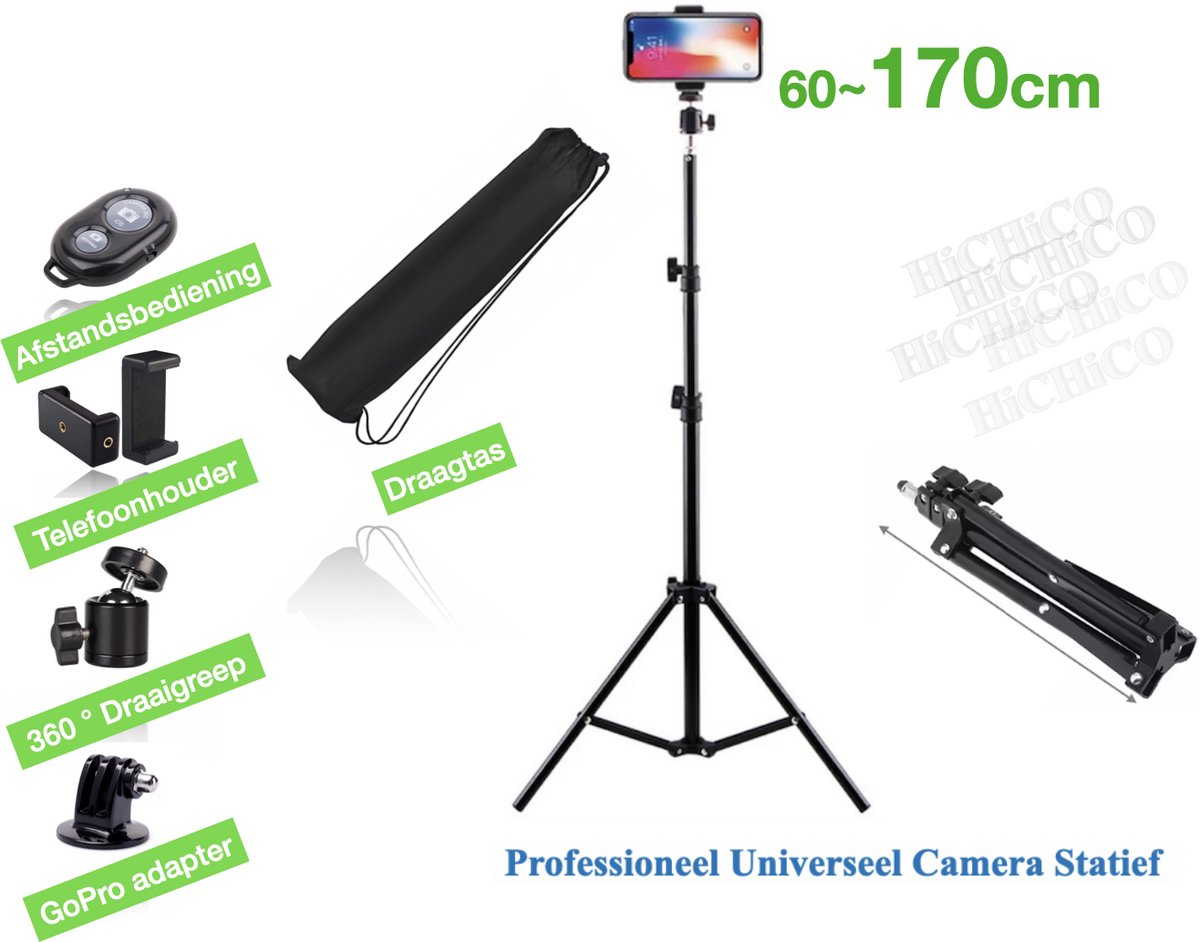 HiCHiCO® Smartphone Statief 170cm Voor Fotocamera en Smartphone, Action Camera, GoPro, iPhone - Canon – Nikon - Spiegelreflexcamera Inc. Bluetooth Afstandsbediening - Camerastatief – Light Stand – Tripod met Draagtas