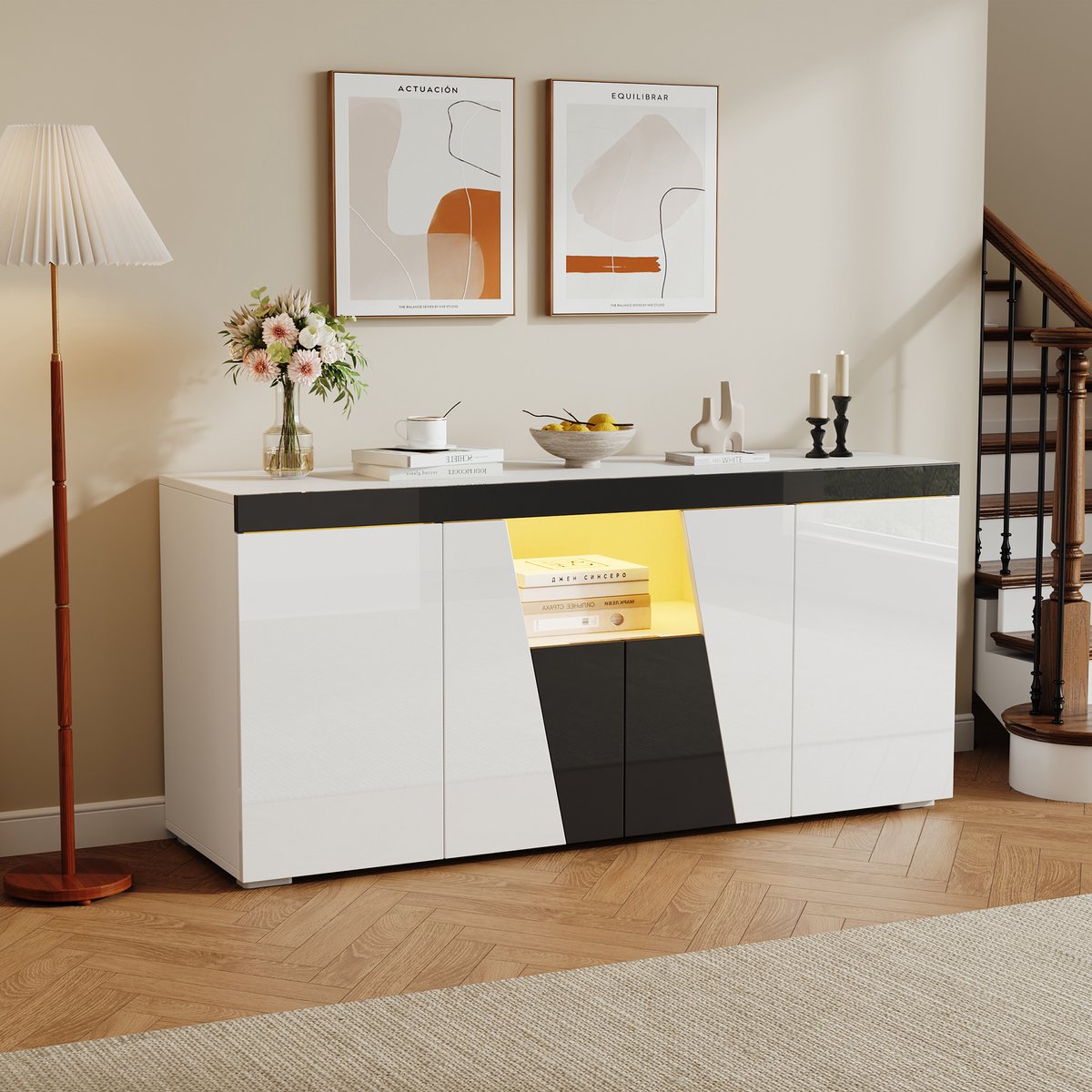 Dressoir - 140x40x65 cm - Geometrisch met LED - 4 Deuren en 3 Kasten - Spaanplaat - Wit en Zwart