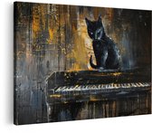 Artaza Canvas Schilderij Zwarte Kat - 120x80 cm - Wanddecoratie Abstract Schilderij - Muurdecoratie Piano - Decoratie Goud Zwart