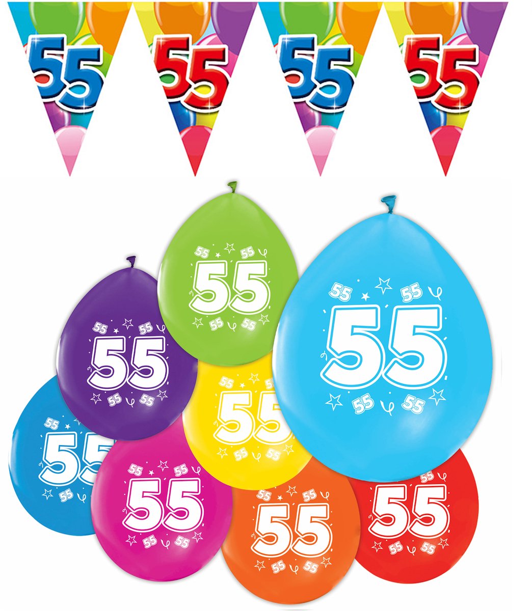 Feestpakket 55 Jaar XL – 3x Vlaggenlijn 10 Meter + 8 Ballonnen – Verjaardag Versiering Slinger Decoratie Feest