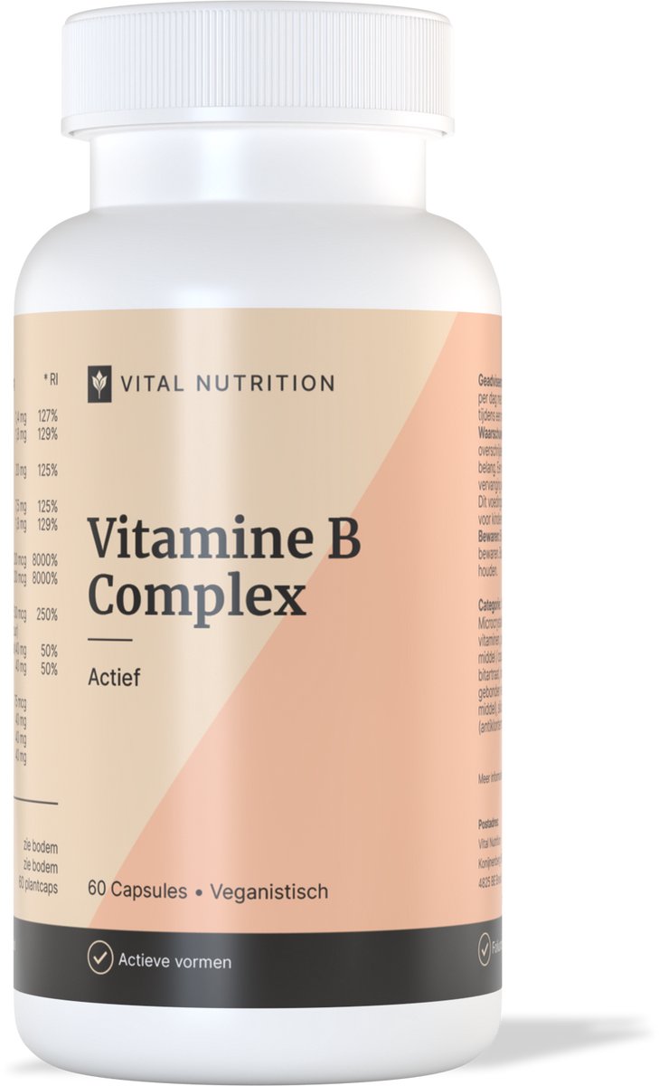 Vital Nutrition Vitamine B-Complex - B-vitaminen in actieve vorm- Folaat van Quatrefolic® - Met halfvitaminen - 100% plantaardig - 60 capsules