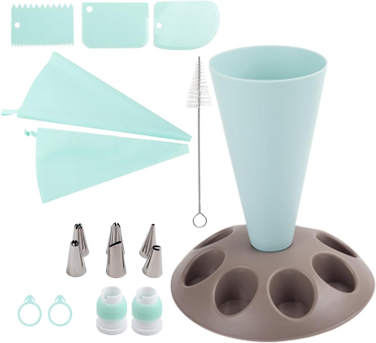 Spuitzakhouder met 8 sleuven en set blauwe spuitzakken - perfect voor bakkers!