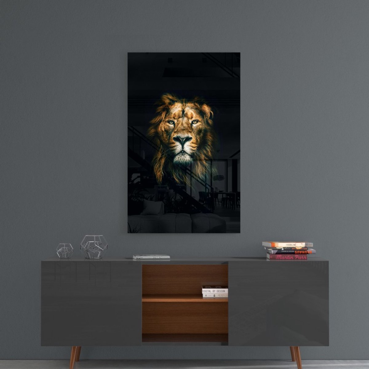 Insigne Glazen Schilderijen - Dieren - Leeuw Portret - Glasschilderij - 72 x 46 cm