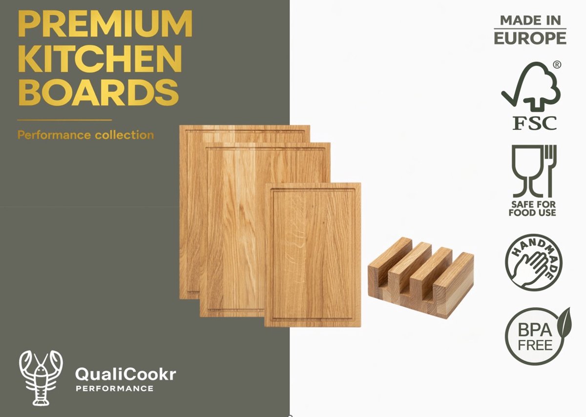 QualiCookr | Eiken Serveerboard Set (4pcs) | Borrelplank (M + M + S)