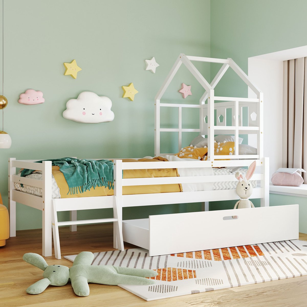 MIVRAY Kinderhoogbed 90x200 Cm - Met Ladder, Bedlade En Uitvalbeveiliging - Met Lattenbodem - Zonder Matras - Massief Hout - Wit