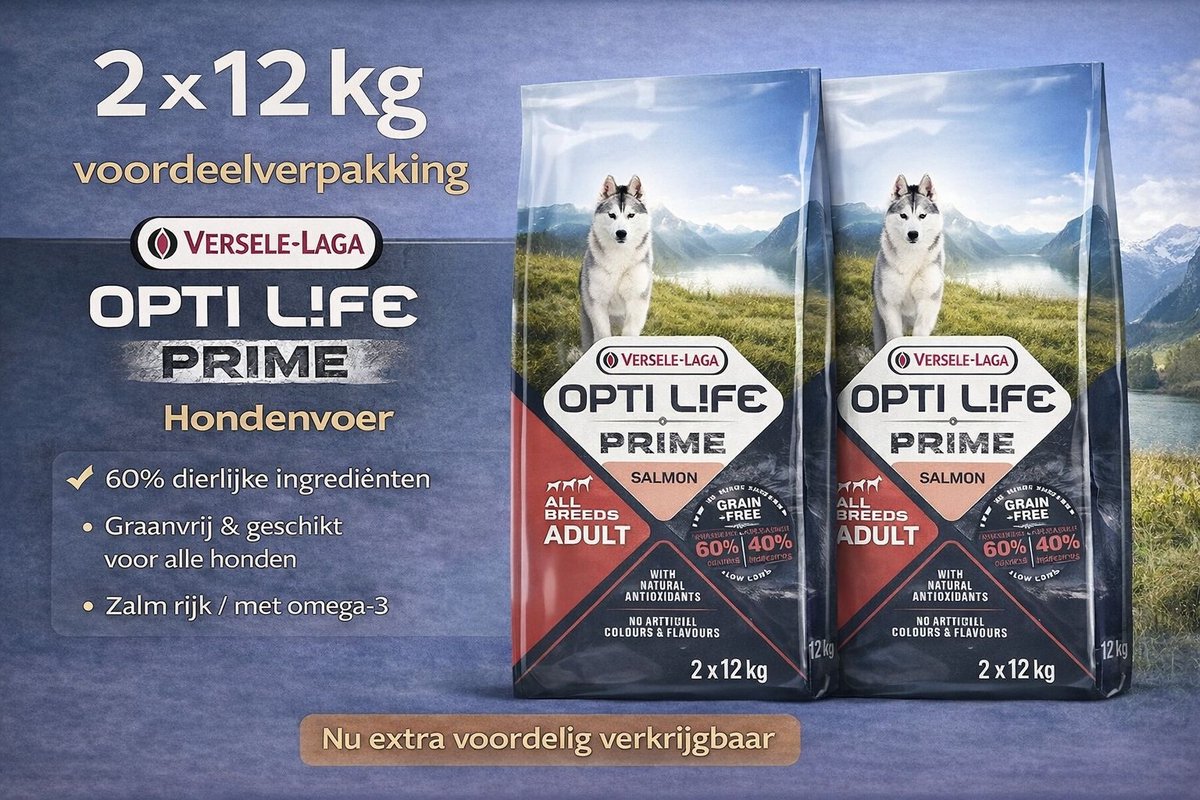 Opti Life Prime Adult All Breeds Zalm - Hondenvoer - 2x 12.5 kg Voordeelverpakking Graanvrij