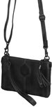 Zwarte leren clutch met decoratieve stiksels, polsband en franjes.