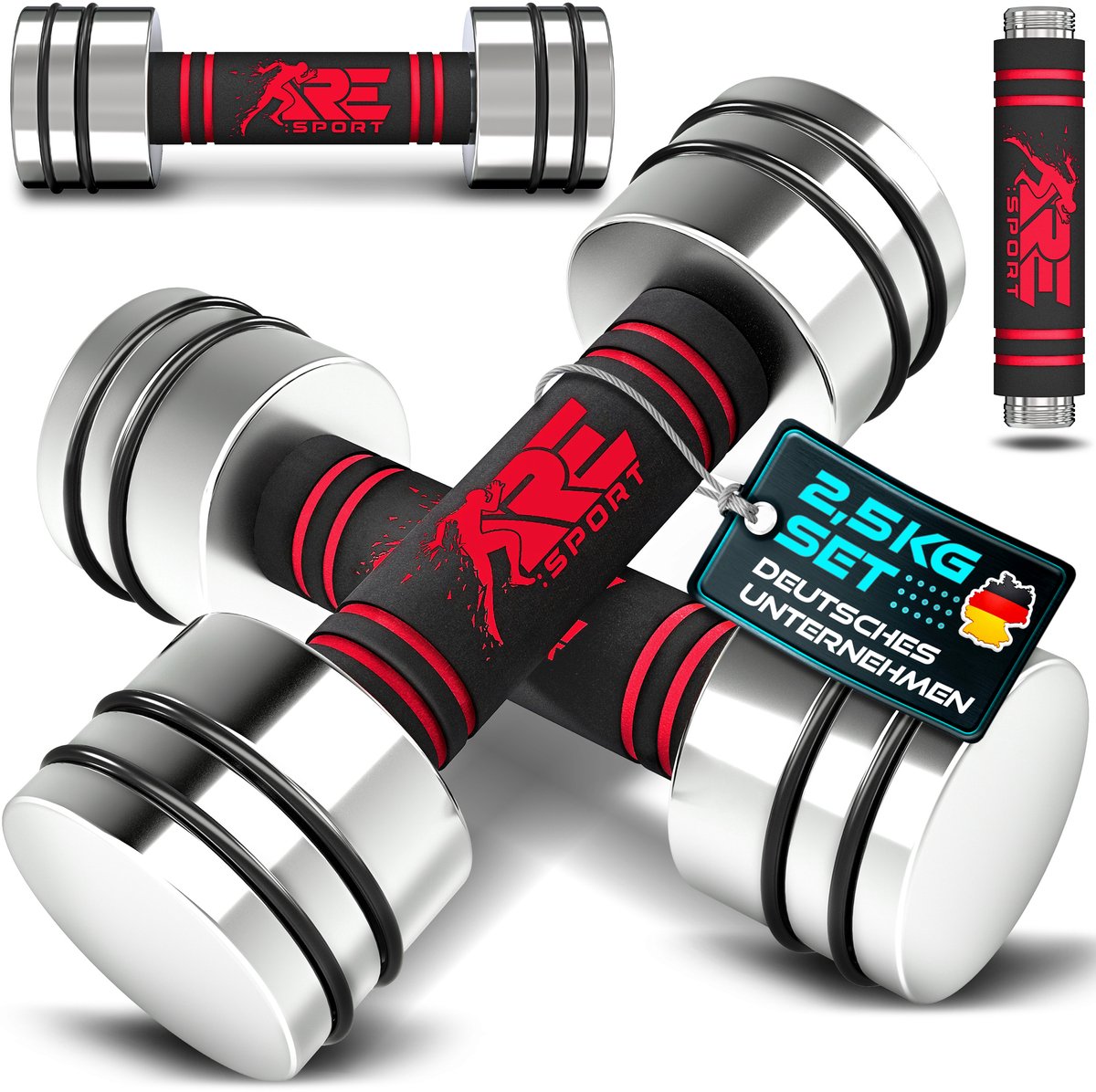 RE:SPORT Set van 2 halters van massief staal, 2,5/5/7,5/10 kg, korte halter met gewichten en schuimrubberen handgreep, fitness, korte halters, thuisgym, krachttraining en spieropbouw (rood, 2 x 2,5 kg