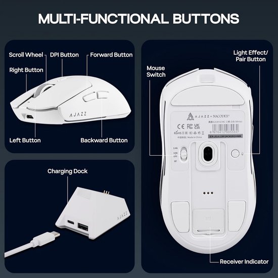 Draadloze MC Gamingmuis met Oplaadstation, Superlichtgewicht 66g, 12.000 DPI en Tri-Mode Connectiviteit — afbeelding 3