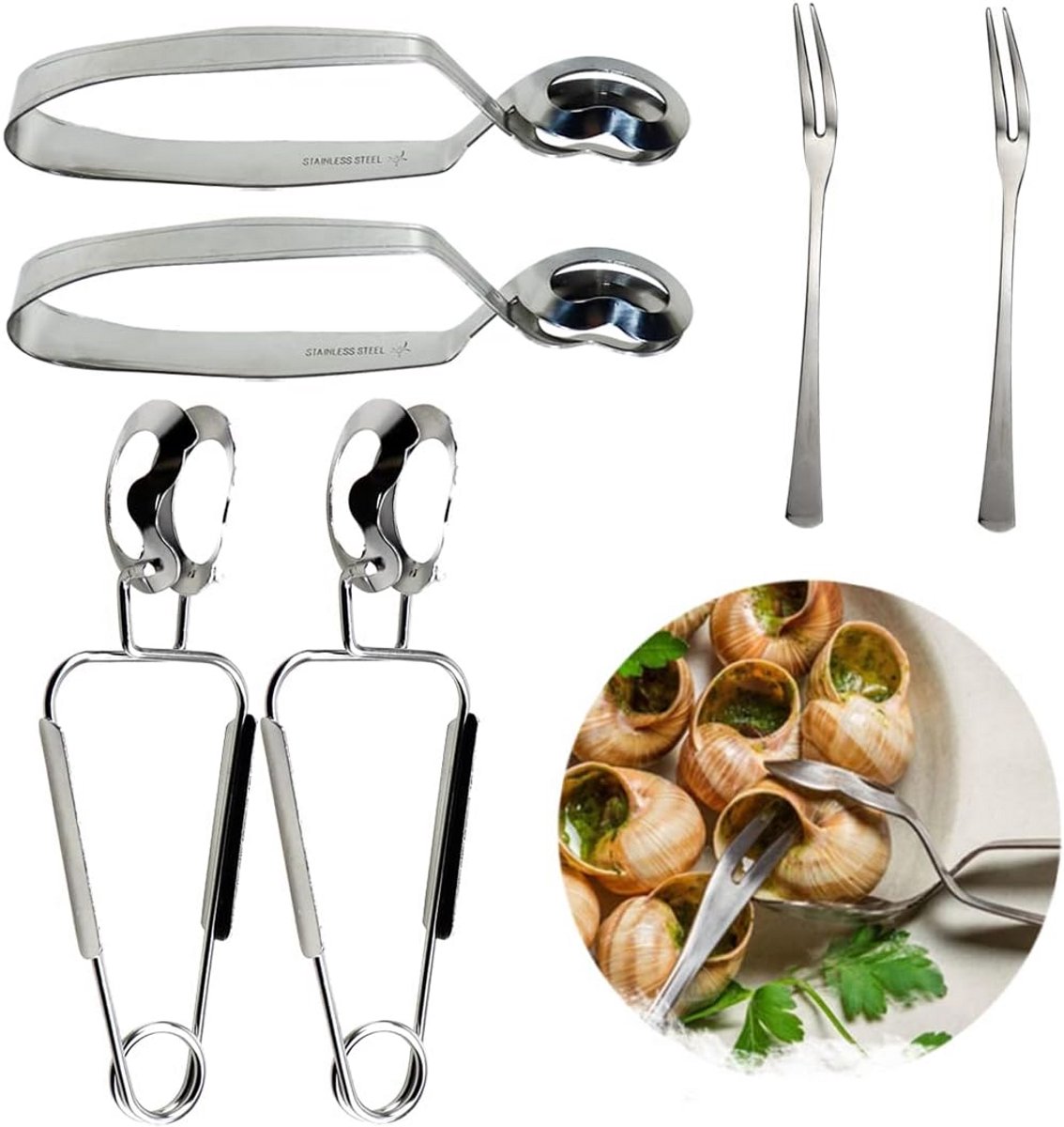 Set van 6 Slakken Tangen en Vorkjes voor Escargots en Keukenwerk