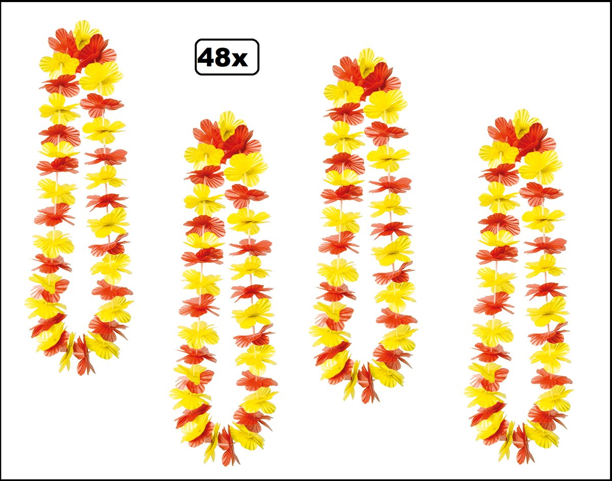 48x Hawai slinger rood/geel - bloemenkrans - Thema feest hawaii krans huwelijk Spanje