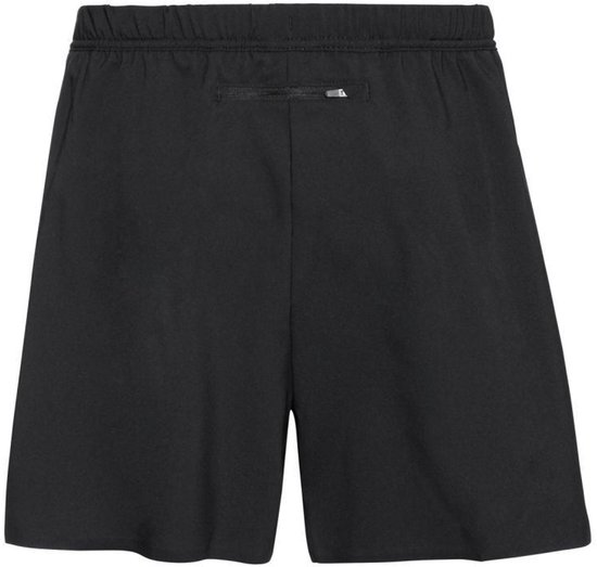 Achterkant van een zwarte Odlo sportshort met een ritsvak op de tailleband.