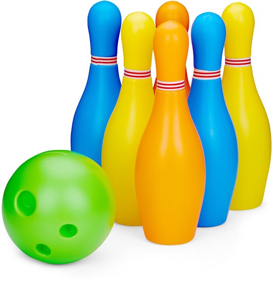 Eddy Toys Bowling Set 19,5 cm - Bowling Set voor Kinderen Binnen en Buiten - Kegelspel met 6 Kegels en 1 Bal - Speelgoedset met Draagrek - Kunststof - Kleurrijk