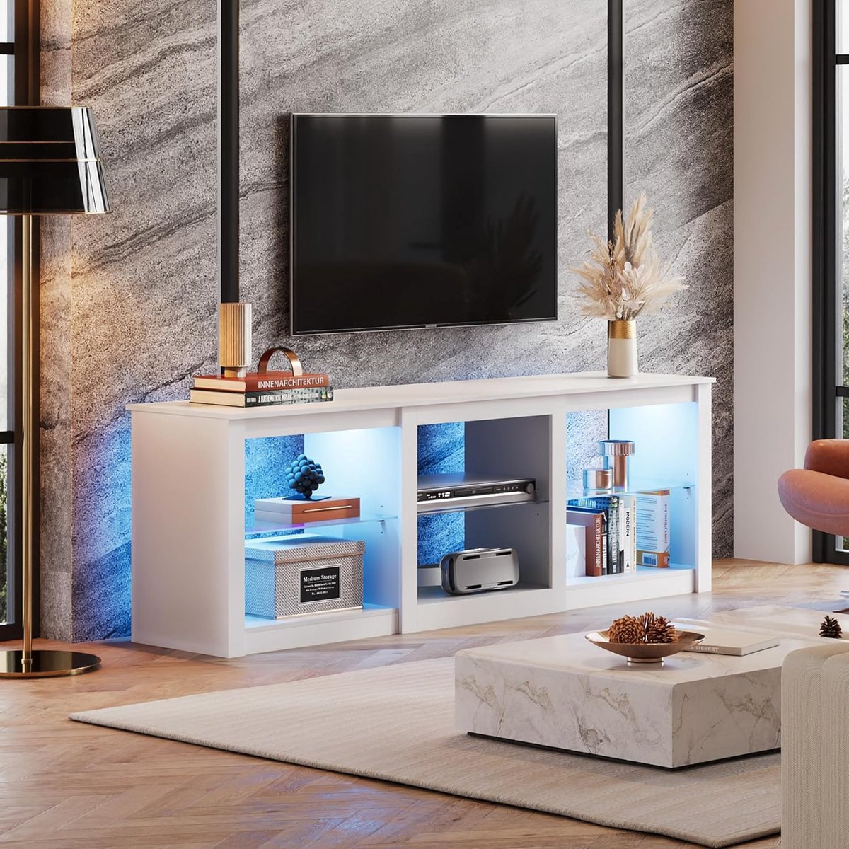 TV meubel met LED verlichting 166 x 39 x 56 cm – Industrieel lowboard voor 32-75 inch tv met verstelbare glazen planken en 22 kleuren RGB – Wit – Abkantoor
